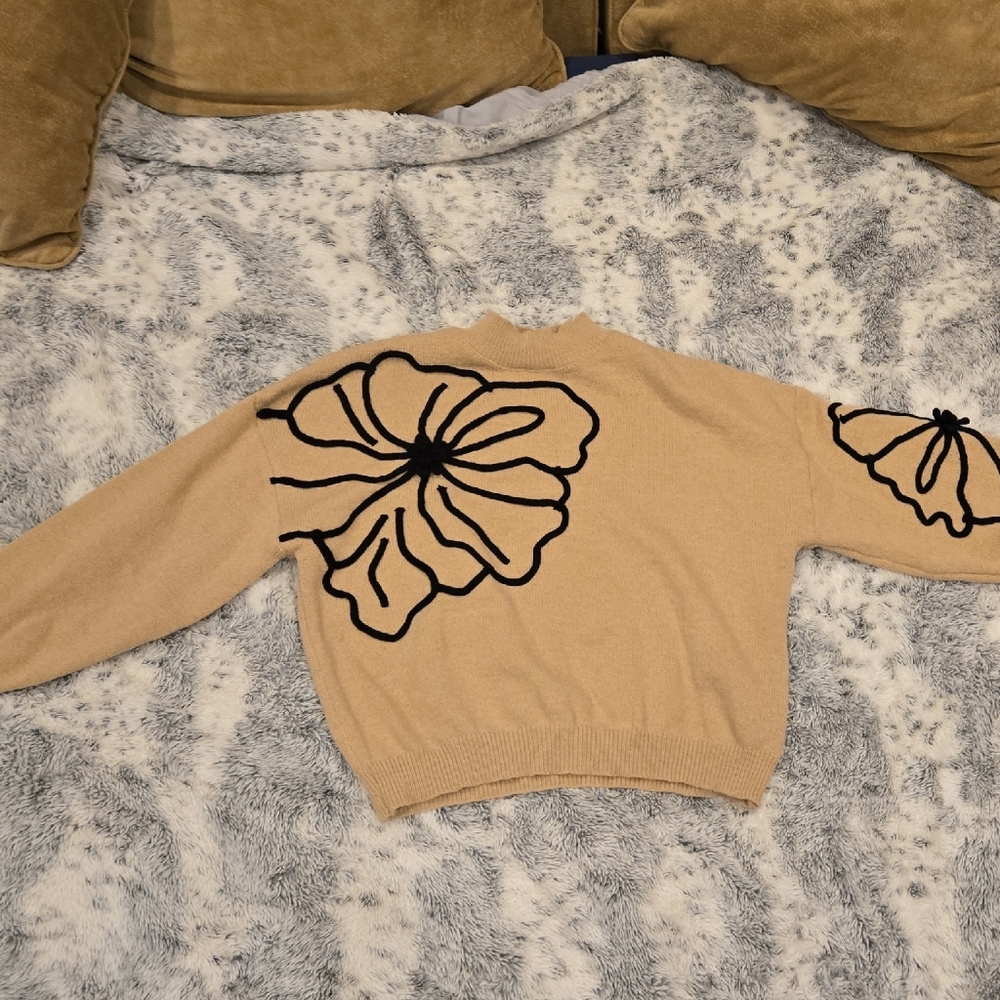 Tan Sweater with Black Floral Design